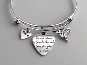 The Love between a Granddaughter and Grandmother is Forever Expandable Charm Bracelet Adjustable Bangle Gift