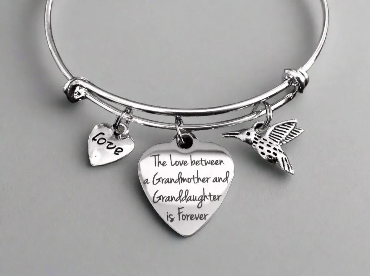 The Love between a Granddaughter and Grandmother is Forever Expandable Charm Bracelet Adjustable Bangle Gift