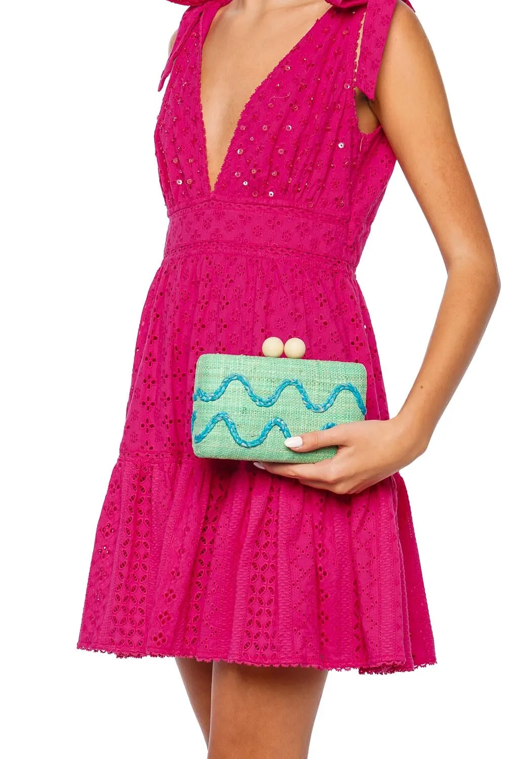 Thierra Green Embroidered Straw Clutch