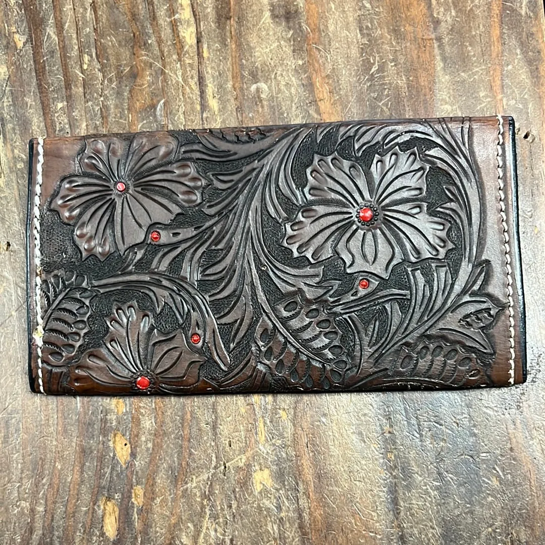 Tooled Leather Red Flower Wallet