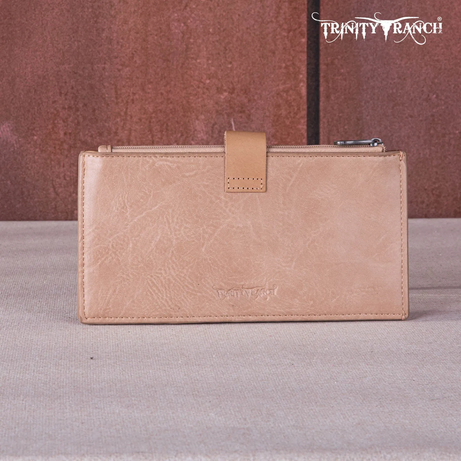 TR164-W044  Trinity Ranch Genuine Hair-On Cowhide Tooled Bi-Fold Wallet/Card Organizer