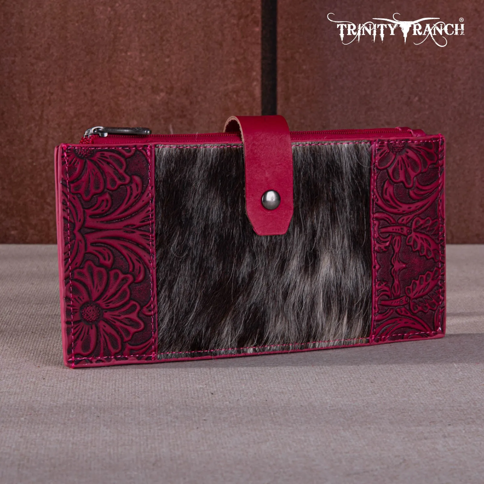 TR164-W044  Trinity Ranch Genuine Hair-On Cowhide Tooled Bi-Fold Wallet/Card Organizer
