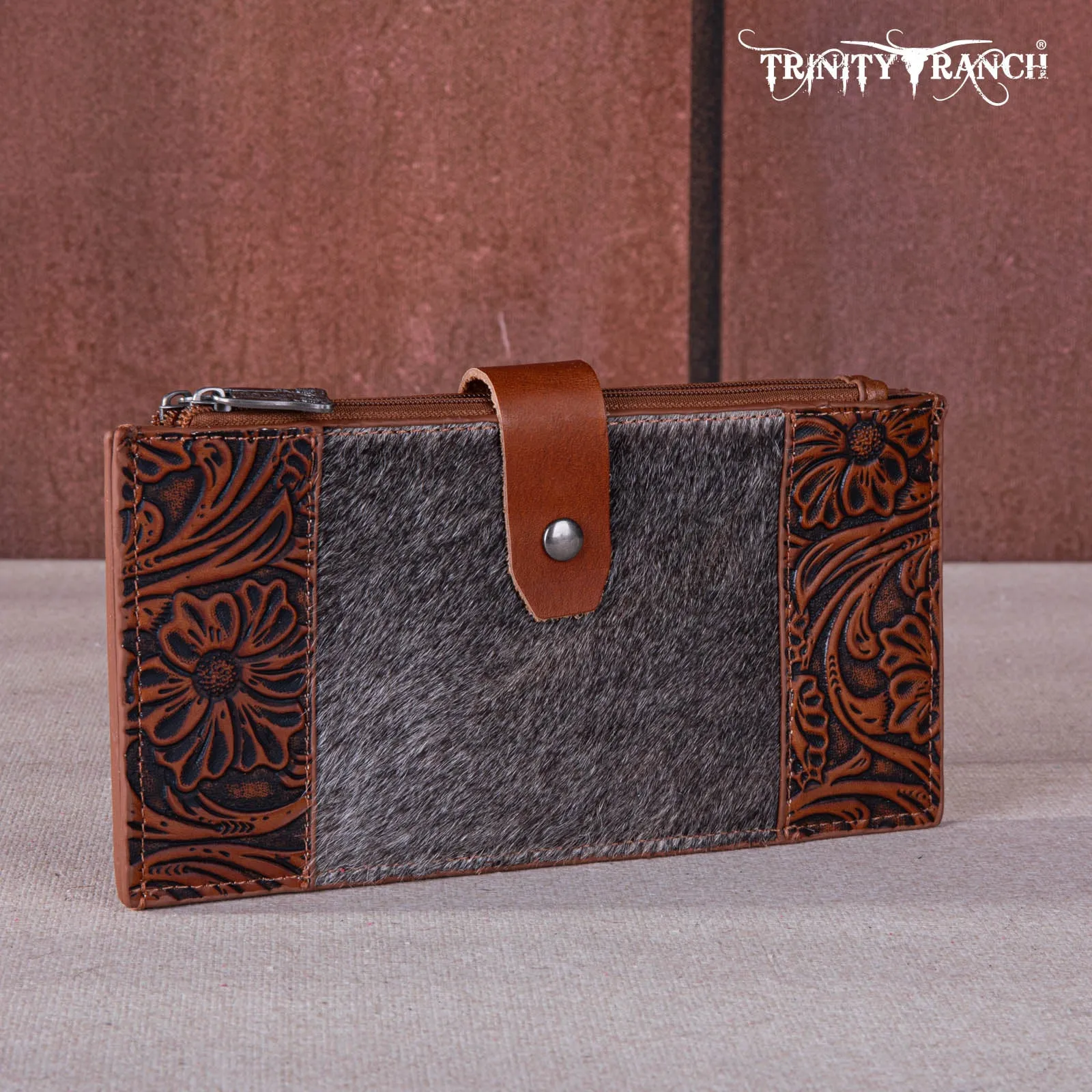 TR164-W044  Trinity Ranch Genuine Hair-On Cowhide Tooled Bi-Fold Wallet/Card Organizer