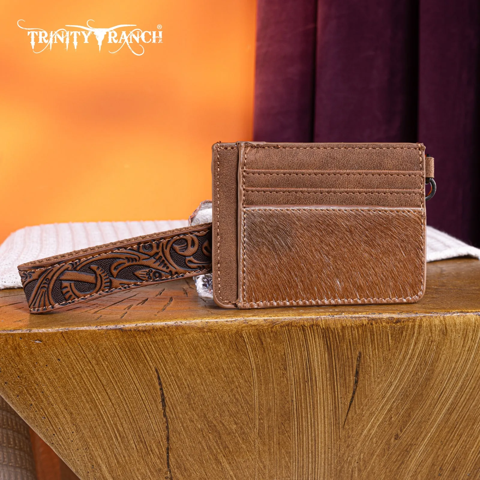 TR182-W008  Trinity Ranch Hair-On Cowhide Collection Key Ring Card Case -Hot Pink