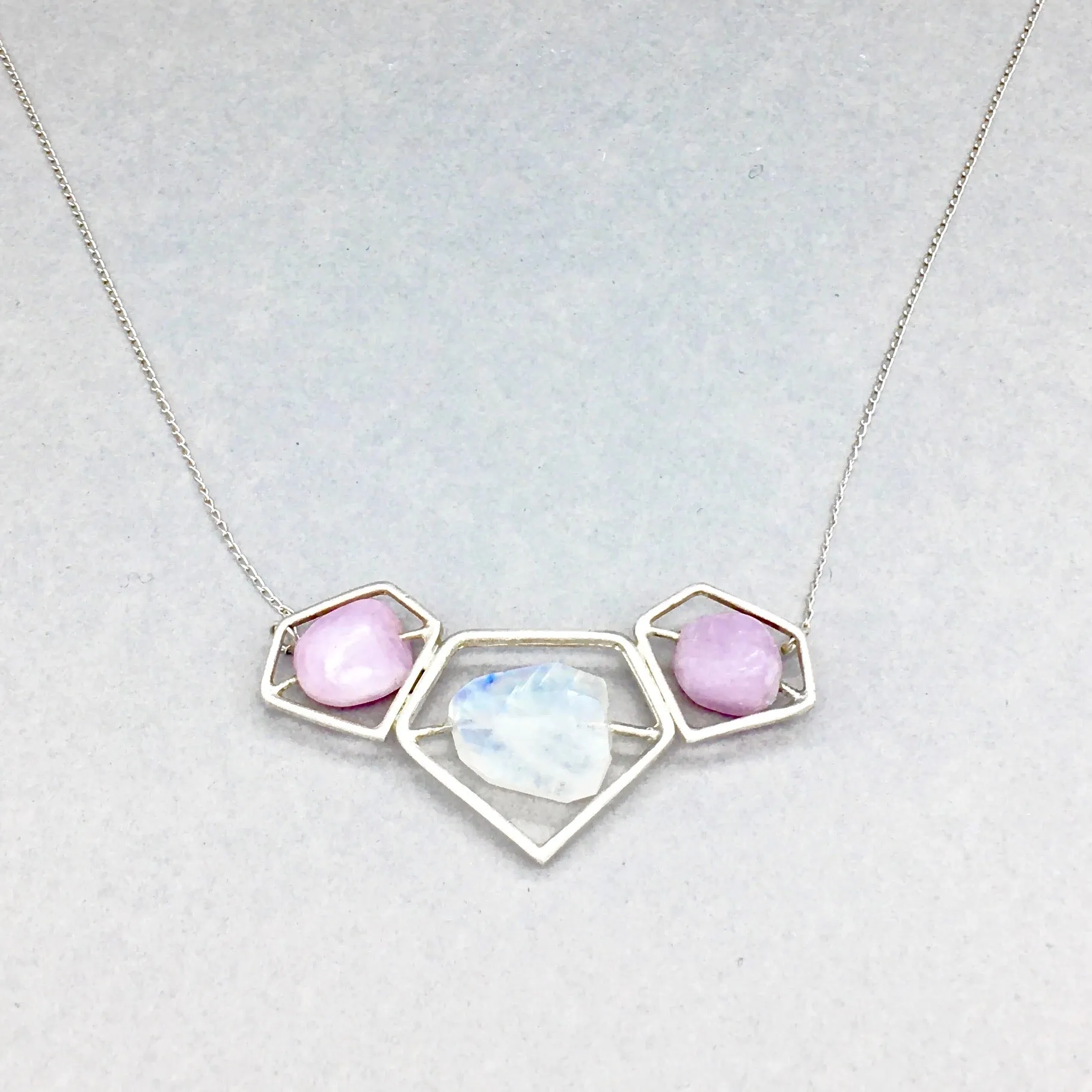Triple Goddess Power Necklace with Sterling Silver, Rainbow Moonstone & Kunzite