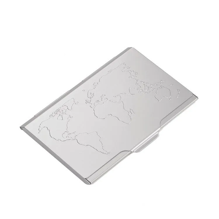 TROIKA Business Card Case with Embossed World Map - Silver