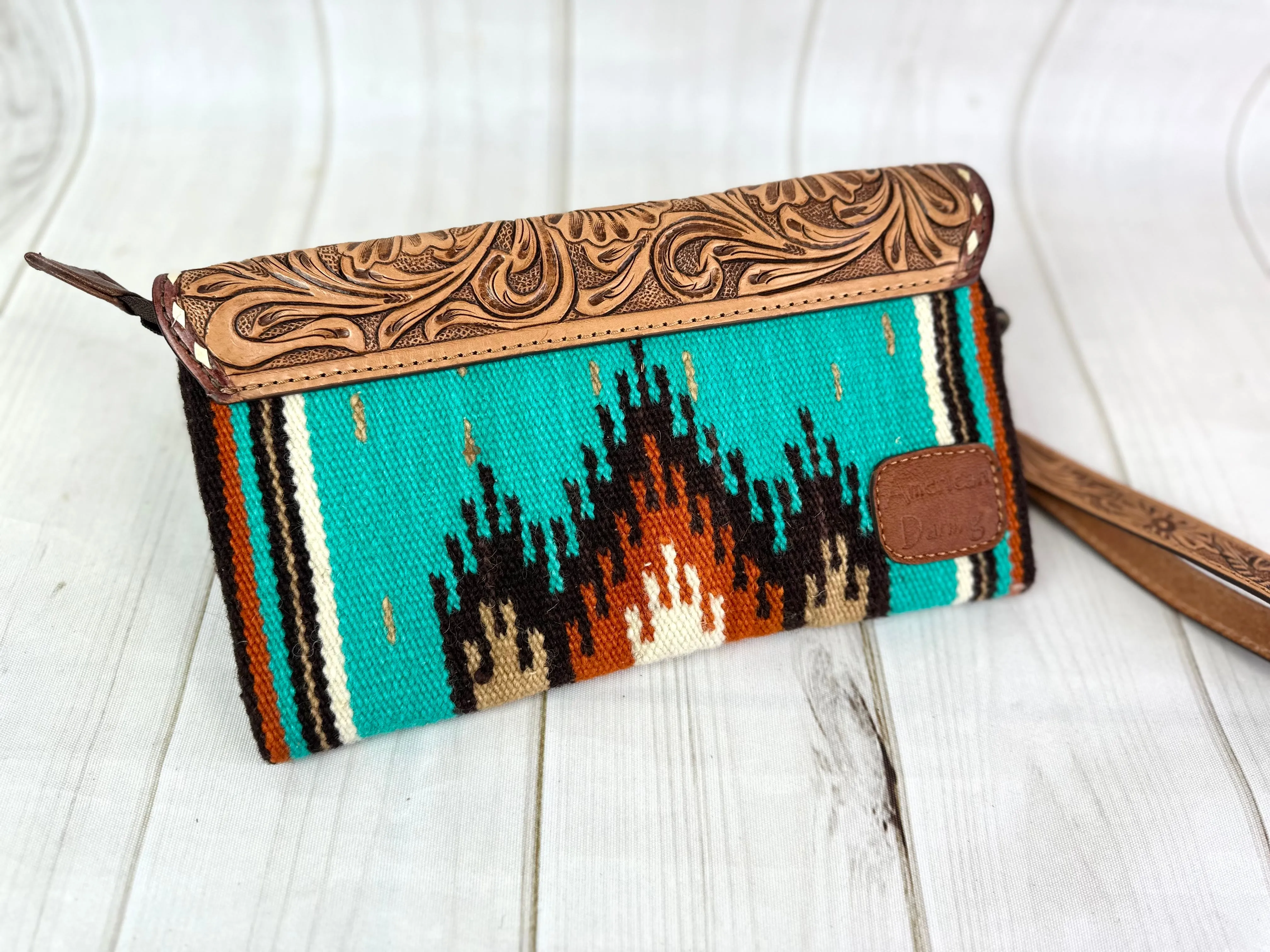 Turquoise Wool Patterned Leather Tooled Clutch Wristlet