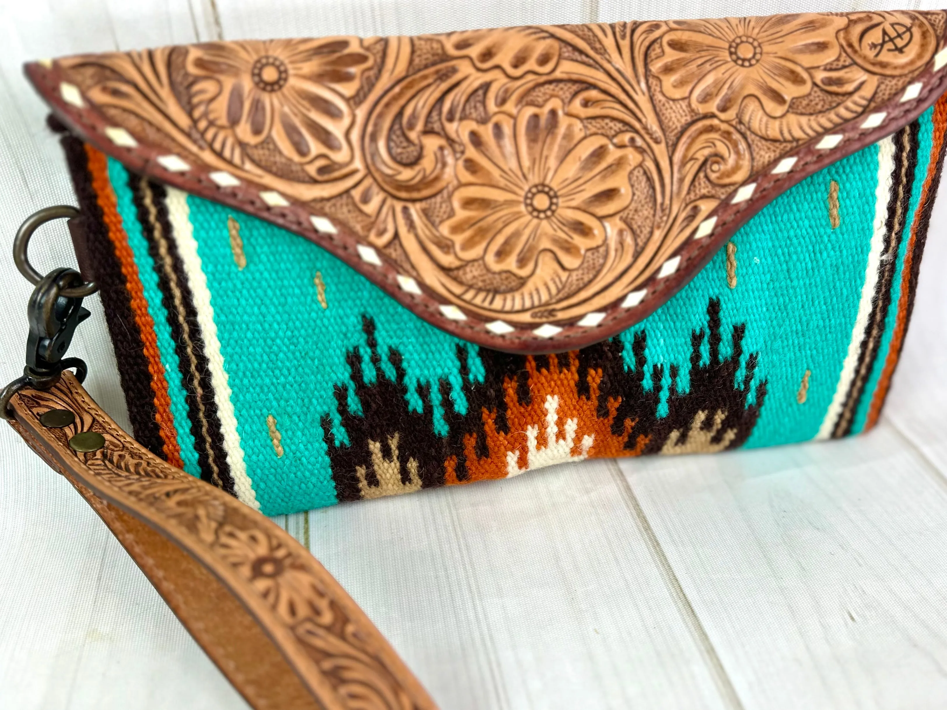 Turquoise Wool Patterned Leather Tooled Clutch Wristlet