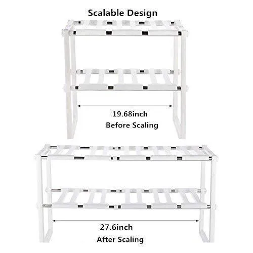 Under Sink Organizer 2 Tier Expandable Kitchen Bathroom Pantry Storage Shelf - Multi-Functional Adjustable Under Kitchen Sink Organization Storage Rack Heavy Duty - White