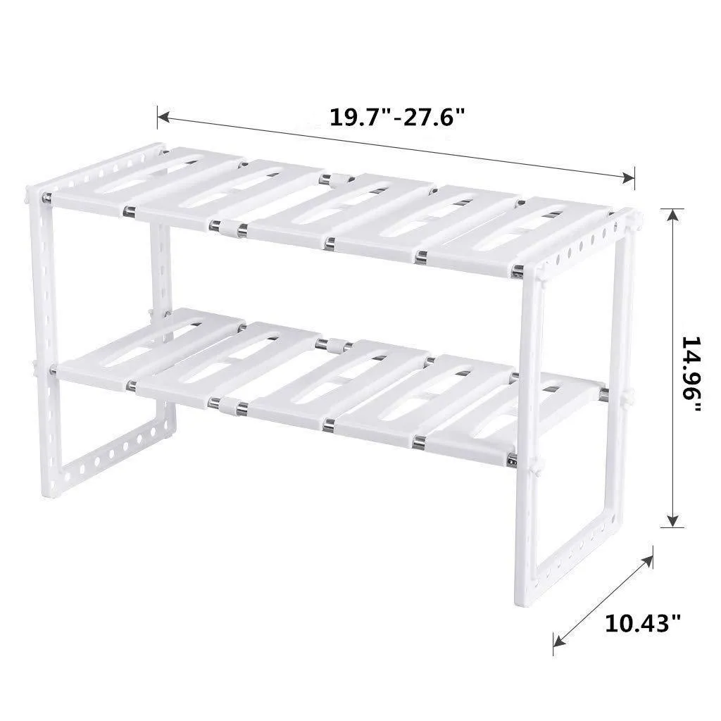Under Sink Organizer 2 Tier Expandable Kitchen Bathroom Pantry Storage Shelf - Multi-Functional Adjustable Under Kitchen Sink Organization Storage Rack Heavy Duty - White
