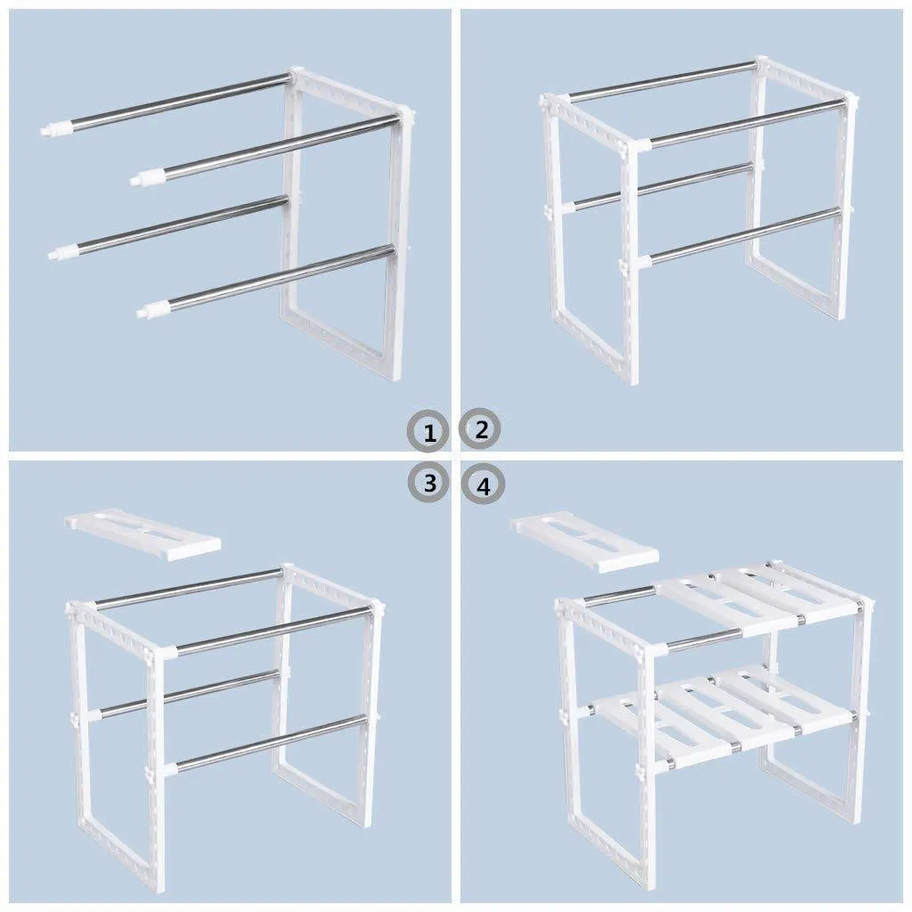 Under Sink Organizer 2 Tier Expandable Kitchen Bathroom Pantry Storage Shelf - Multi-Functional Adjustable Under Kitchen Sink Organization Storage Rack Heavy Duty - White
