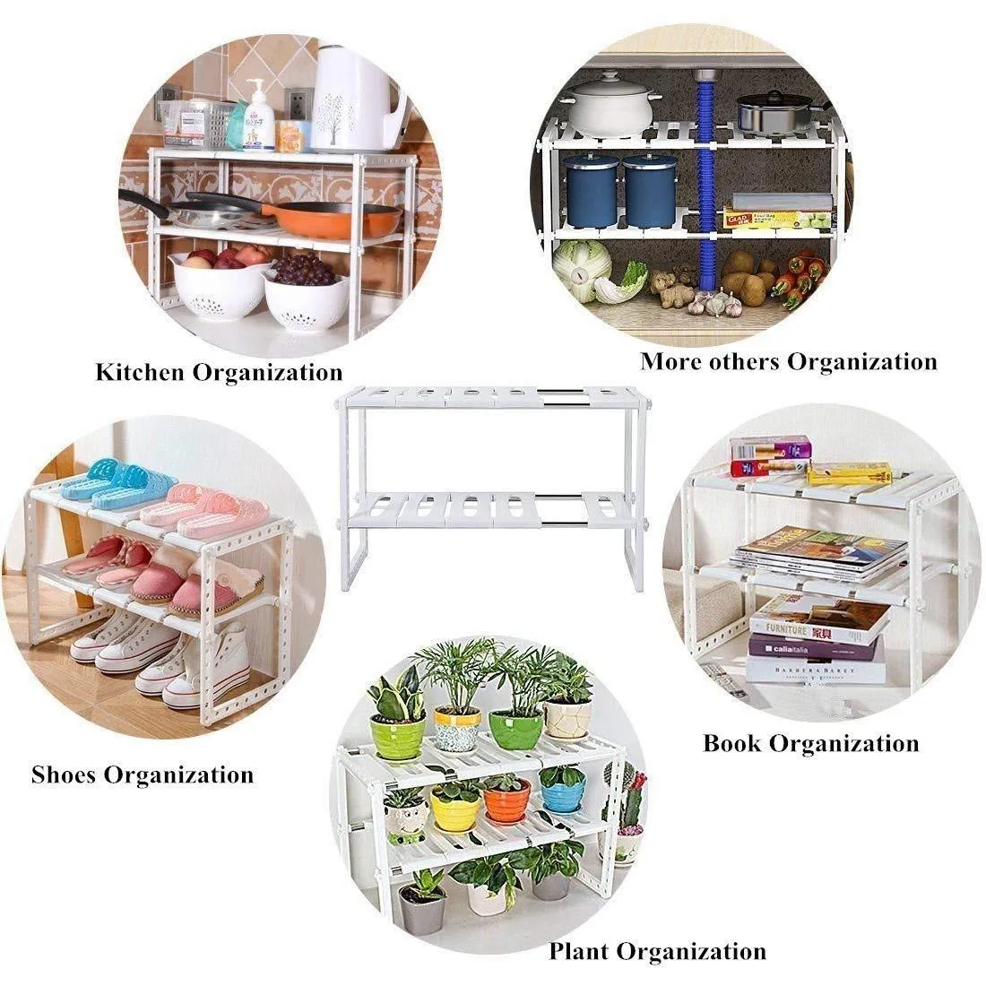 Under Sink Organizer 2 Tier Expandable Kitchen Bathroom Pantry Storage Shelf - Multi-Functional Adjustable Under Kitchen Sink Organization Storage Rack Heavy Duty - White