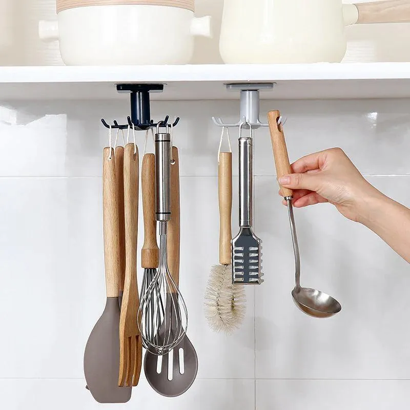 Utensil Holder Hanging Rack 6-Hooks - Under Shelf & Cabinet Kitchen Organizer
