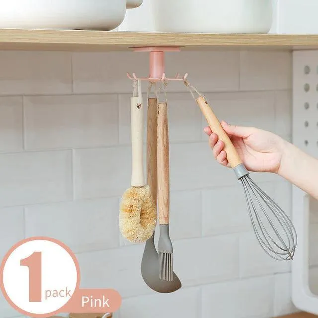 Utensil Holder Hanging Rack 6-Hooks - Under Shelf & Cabinet Kitchen Organizer