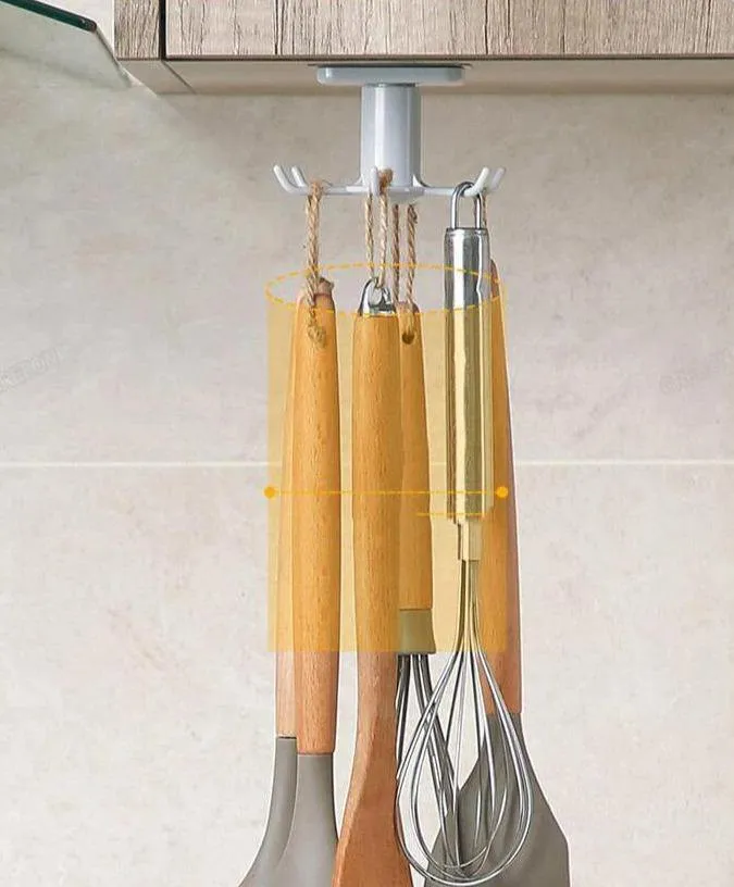 Utensil Holder Hanging Rack 6-Hooks - Under Shelf & Cabinet Kitchen Organizer