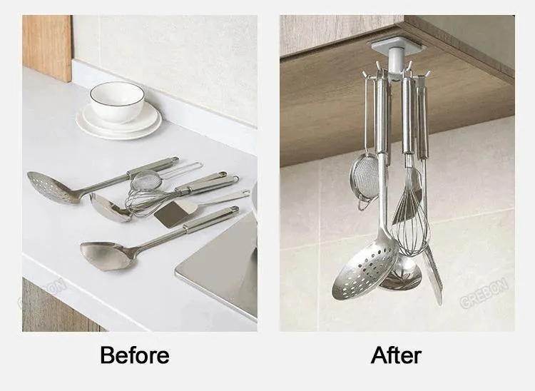 Utensil Holder Hanging Rack 6-Hooks - Under Shelf & Cabinet Kitchen Organizer