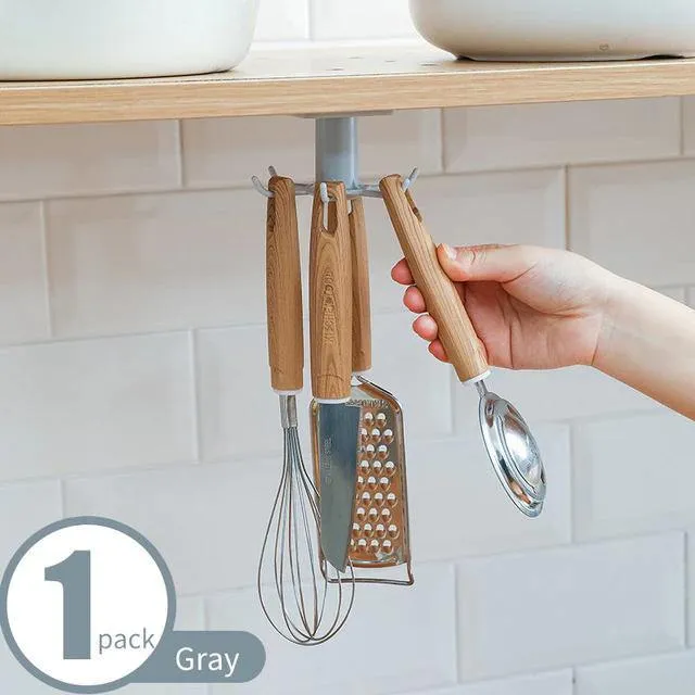 Utensil Holder Hanging Rack 6-Hooks - Under Shelf & Cabinet Kitchen Organizer