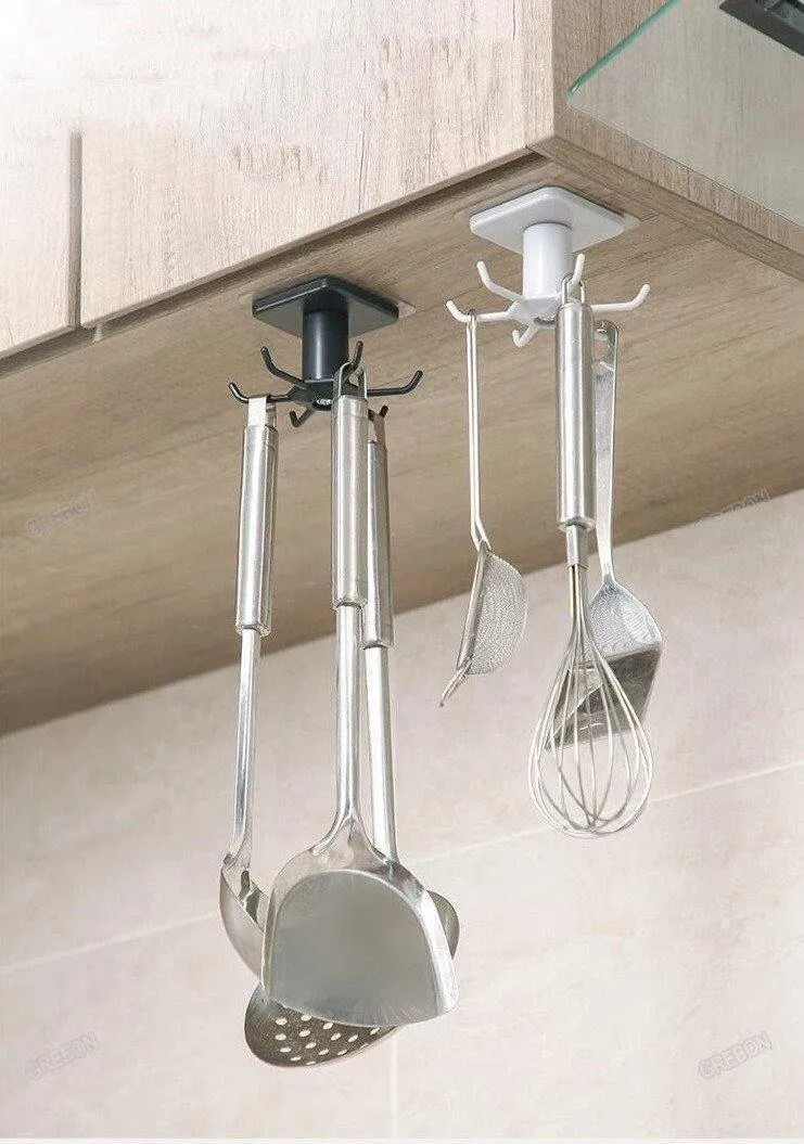 Utensil Holder Hanging Rack 6-Hooks - Under Shelf & Cabinet Kitchen Organizer