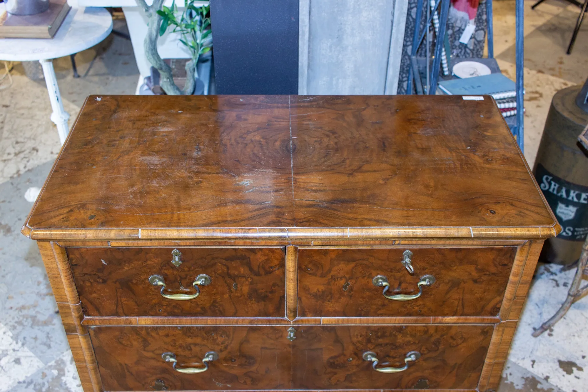 Vintage French Chest of Drawers with Burled Wood Veneer and Brass Hardware