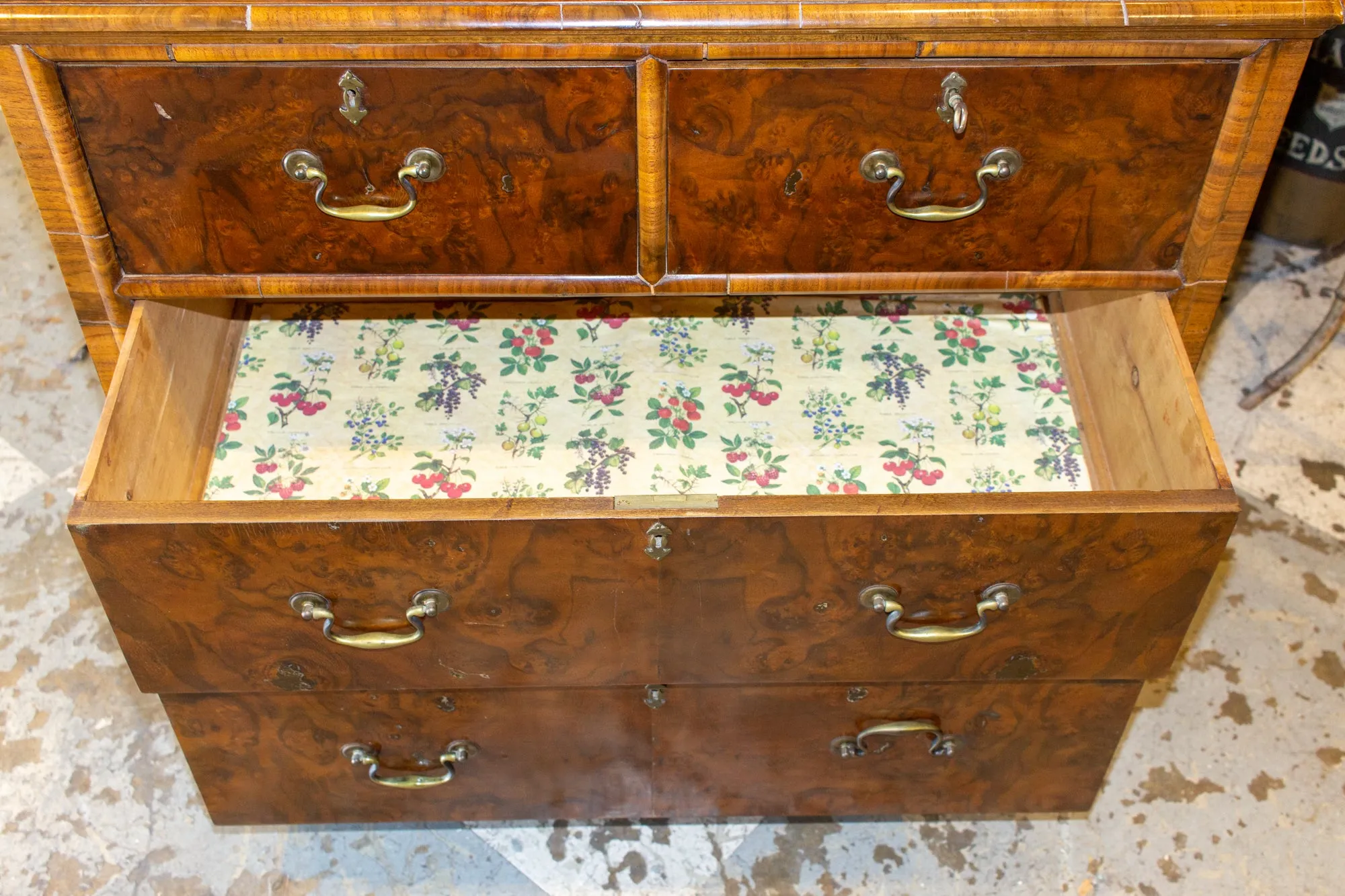 Vintage French Chest of Drawers with Burled Wood Veneer and Brass Hardware