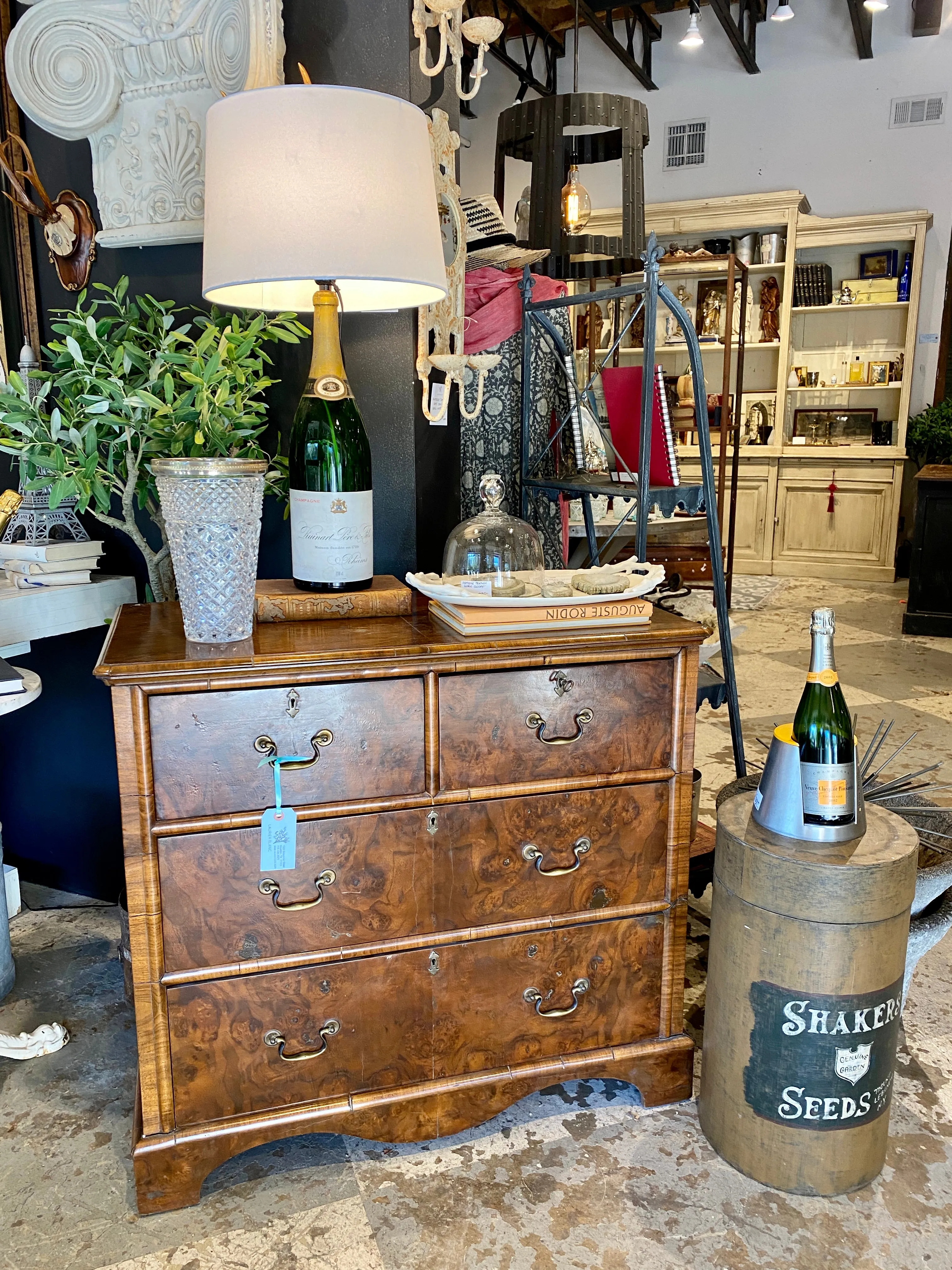 Vintage French Chest of Drawers with Burled Wood Veneer and Brass Hardware