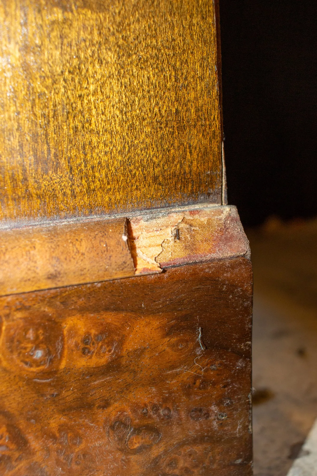Vintage French Chest of Drawers with Burled Wood Veneer and Brass Hardware