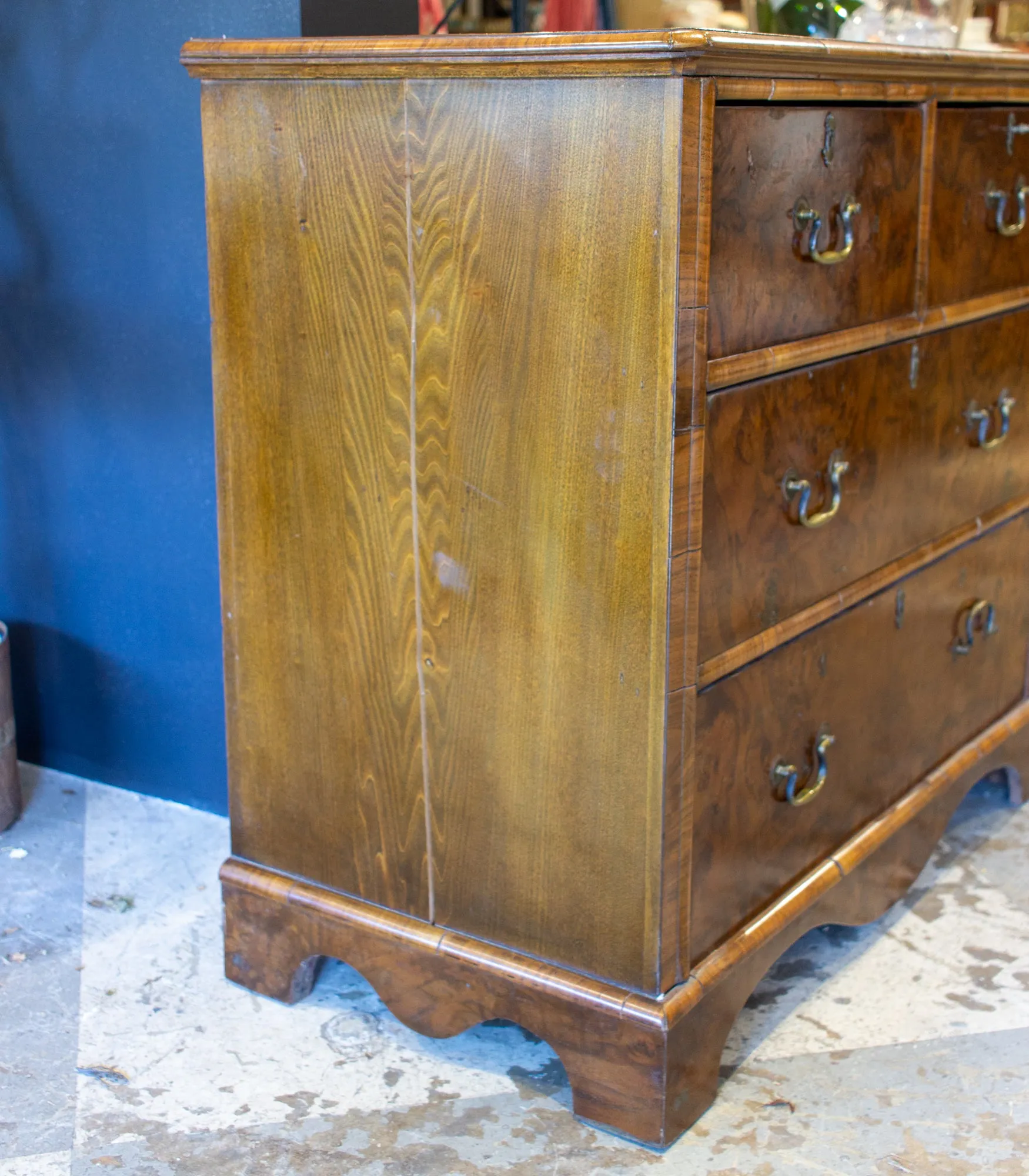 Vintage French Chest of Drawers with Burled Wood Veneer and Brass Hardware