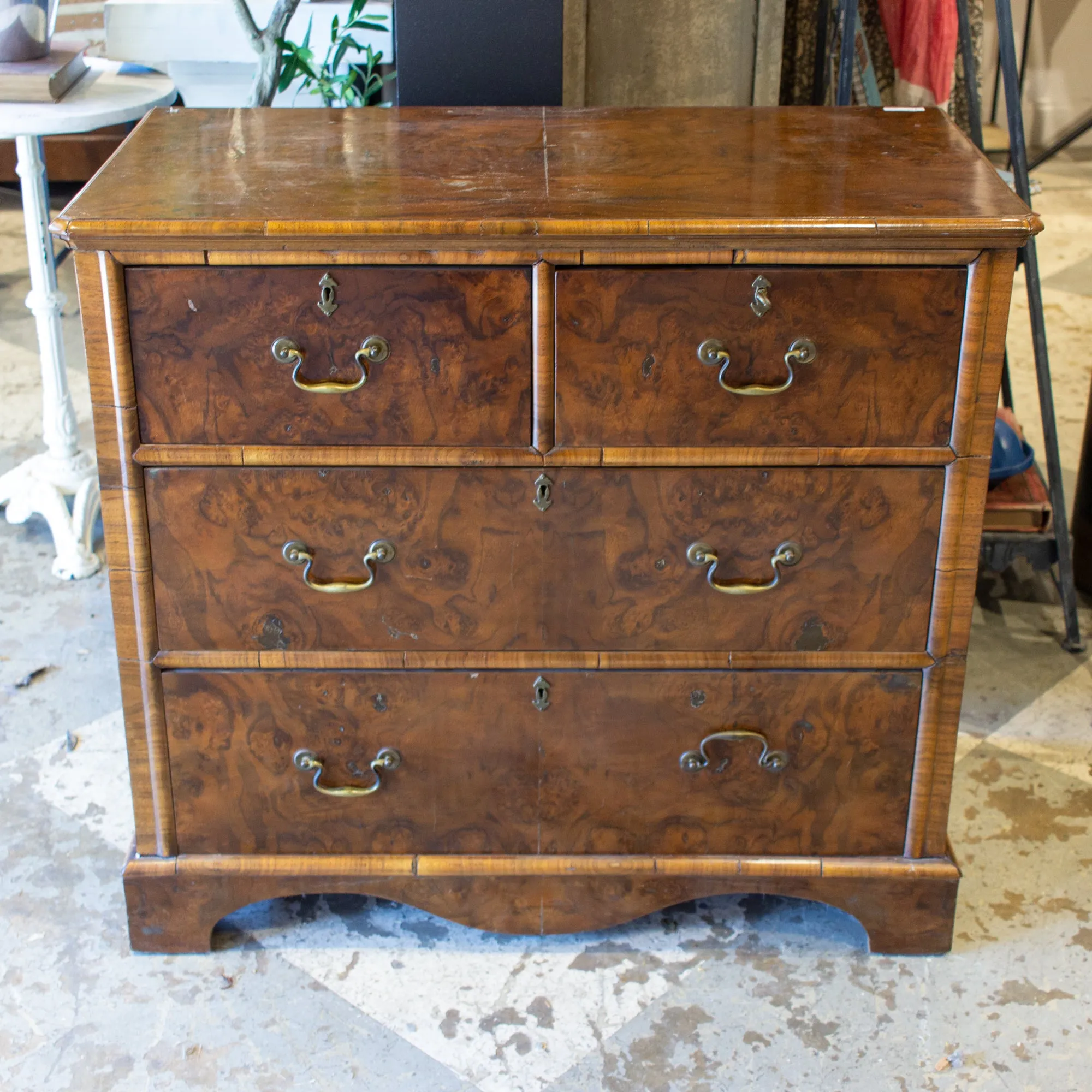 Vintage French Chest of Drawers with Burled Wood Veneer and Brass Hardware