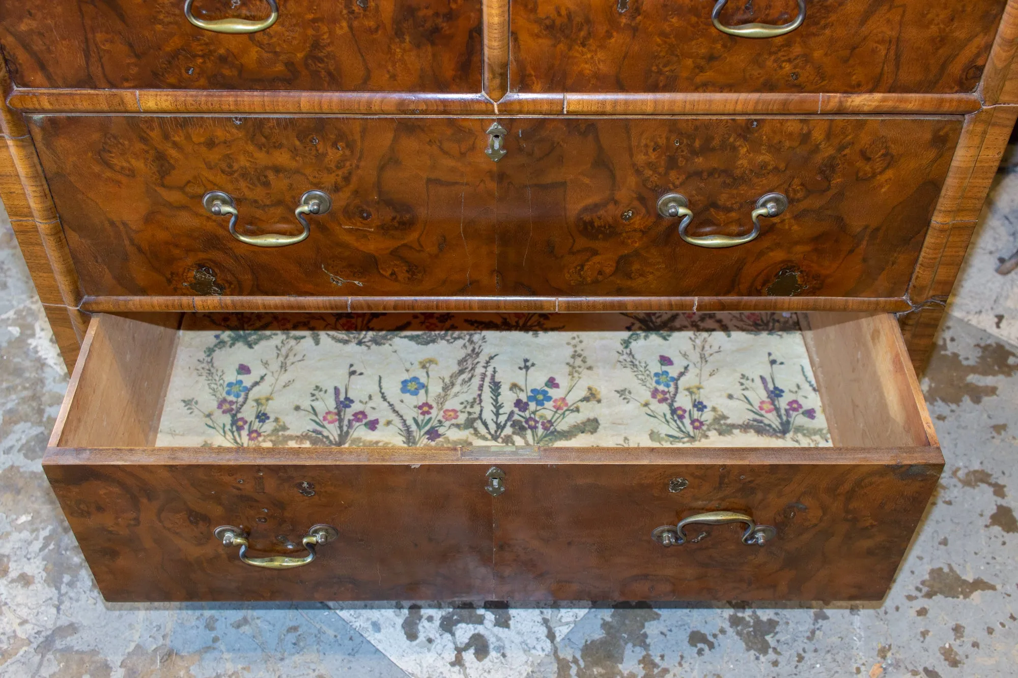 Vintage French Chest of Drawers with Burled Wood Veneer and Brass Hardware