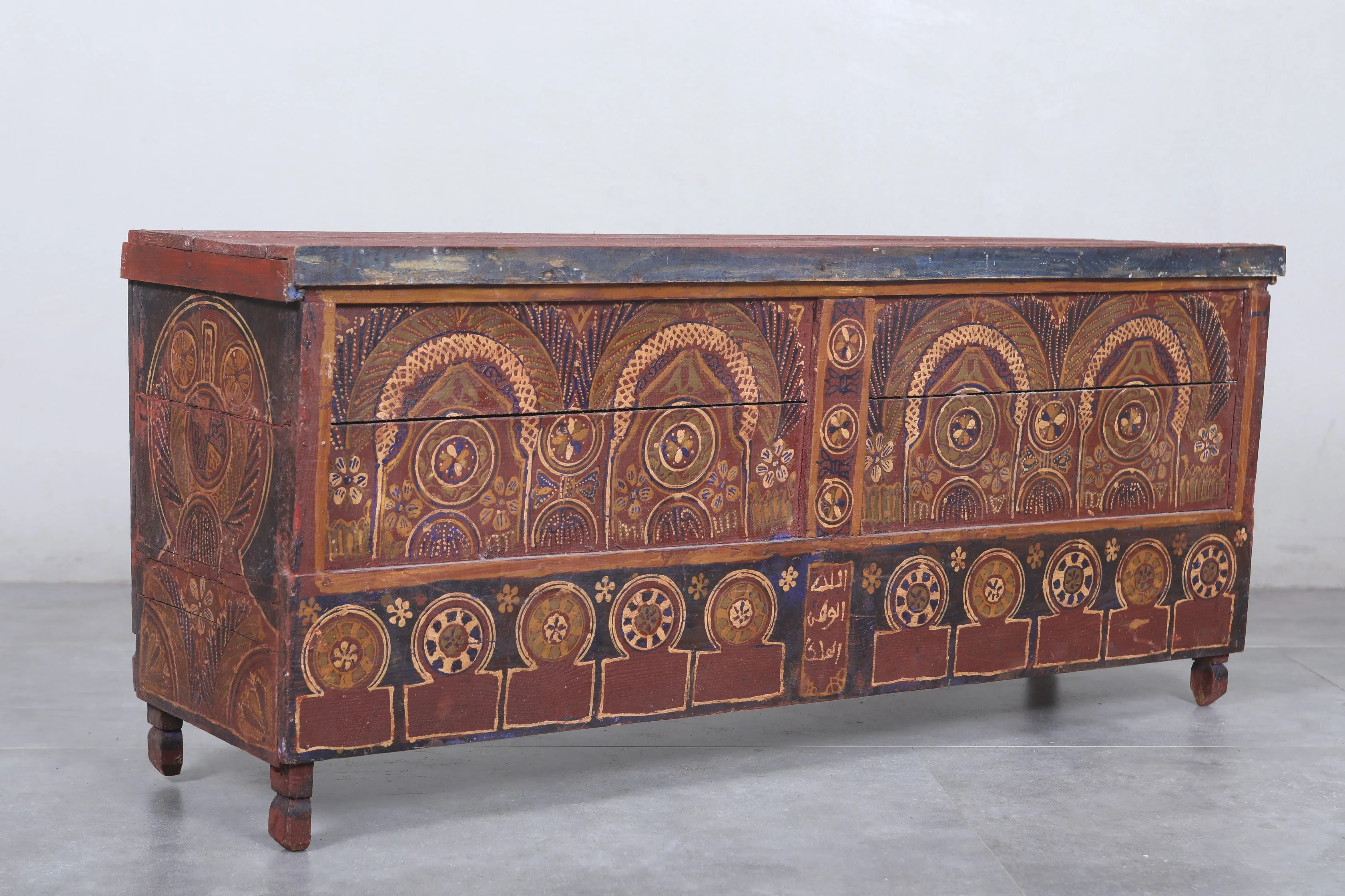 Vintage Moroccan chest  H 22  inches x W 51.1 inches x D 13.7 inches