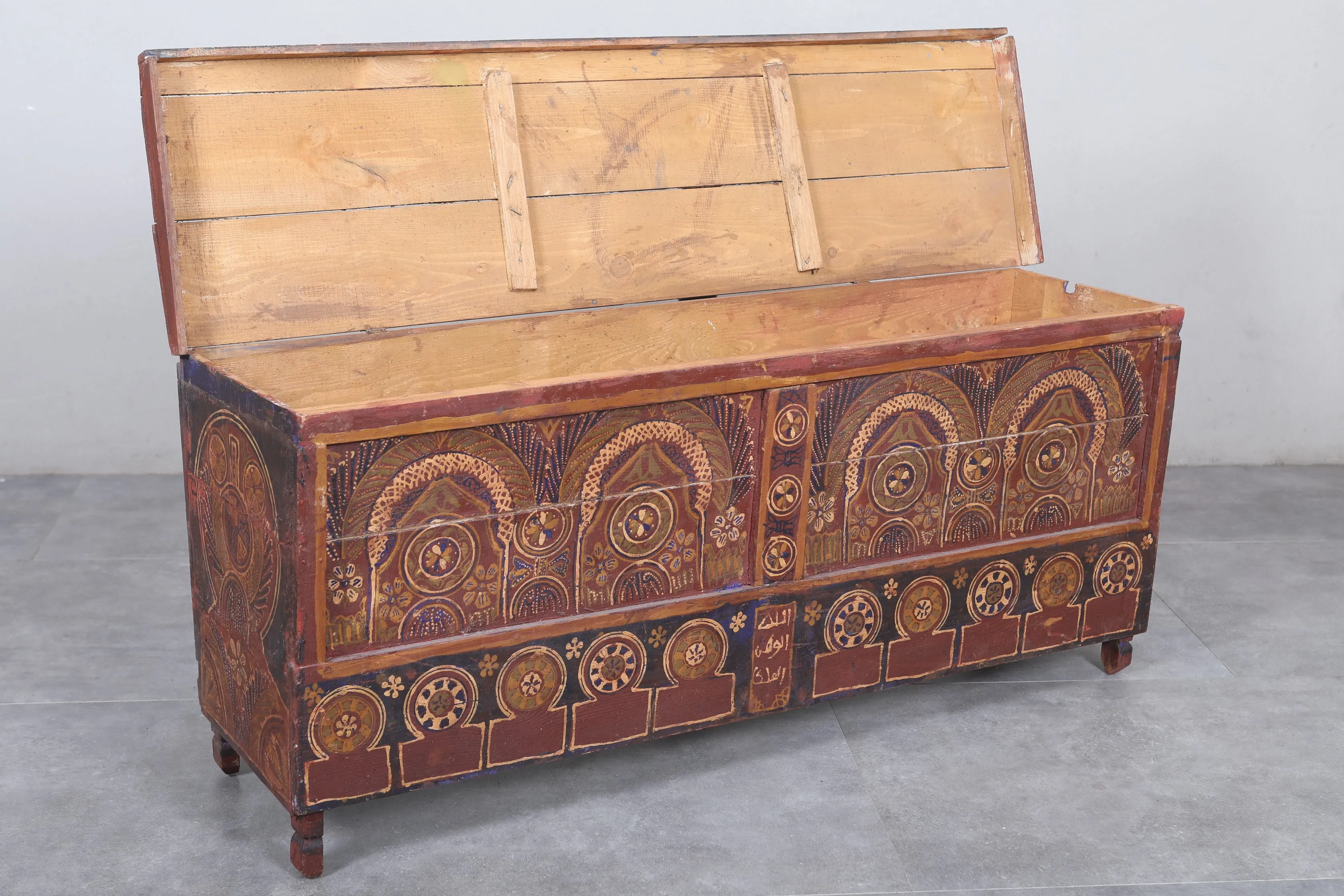 Vintage Moroccan chest  H 22  inches x W 51.1 inches x D 13.7 inches