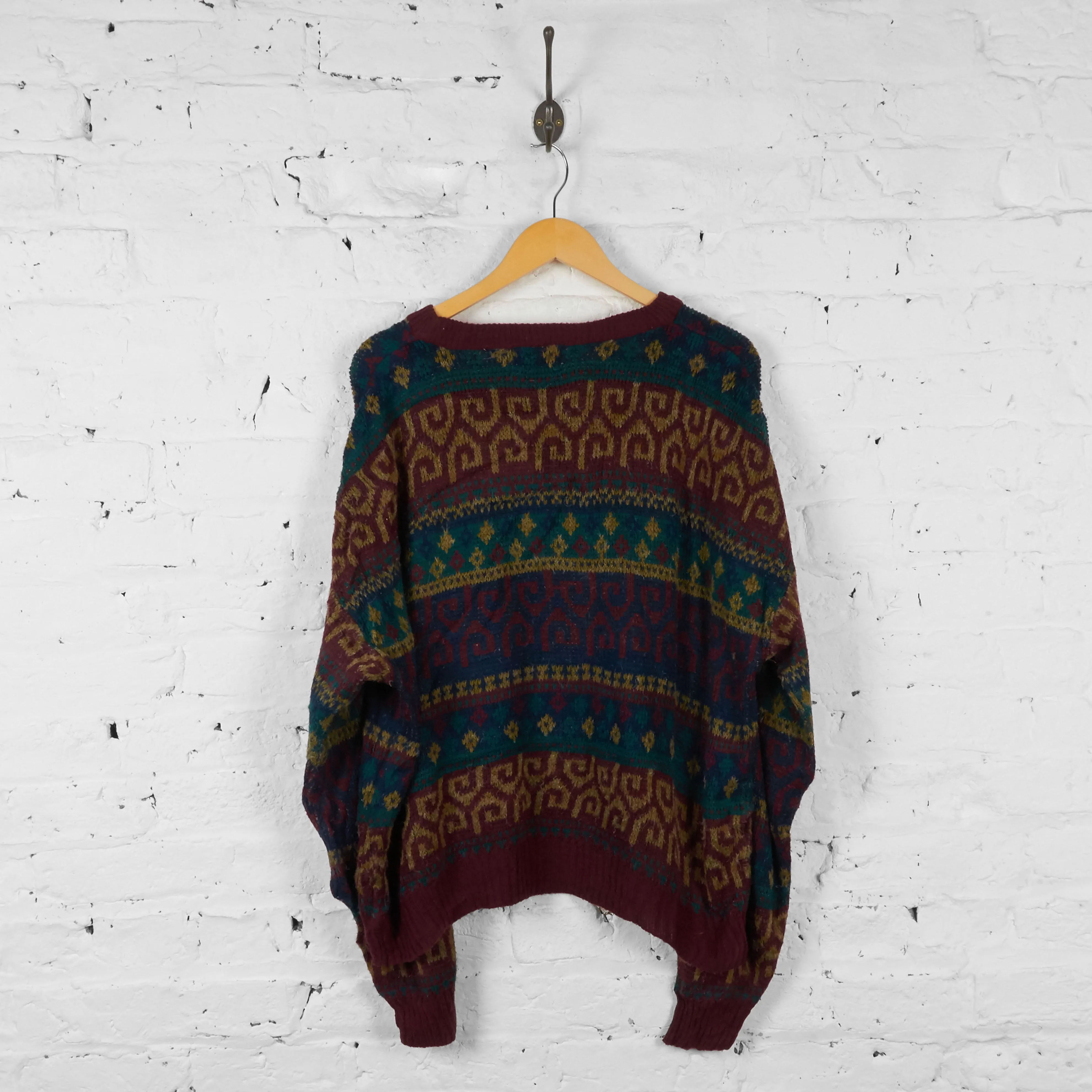 Vintage Patterned Knit Jumper - Burgundy - L