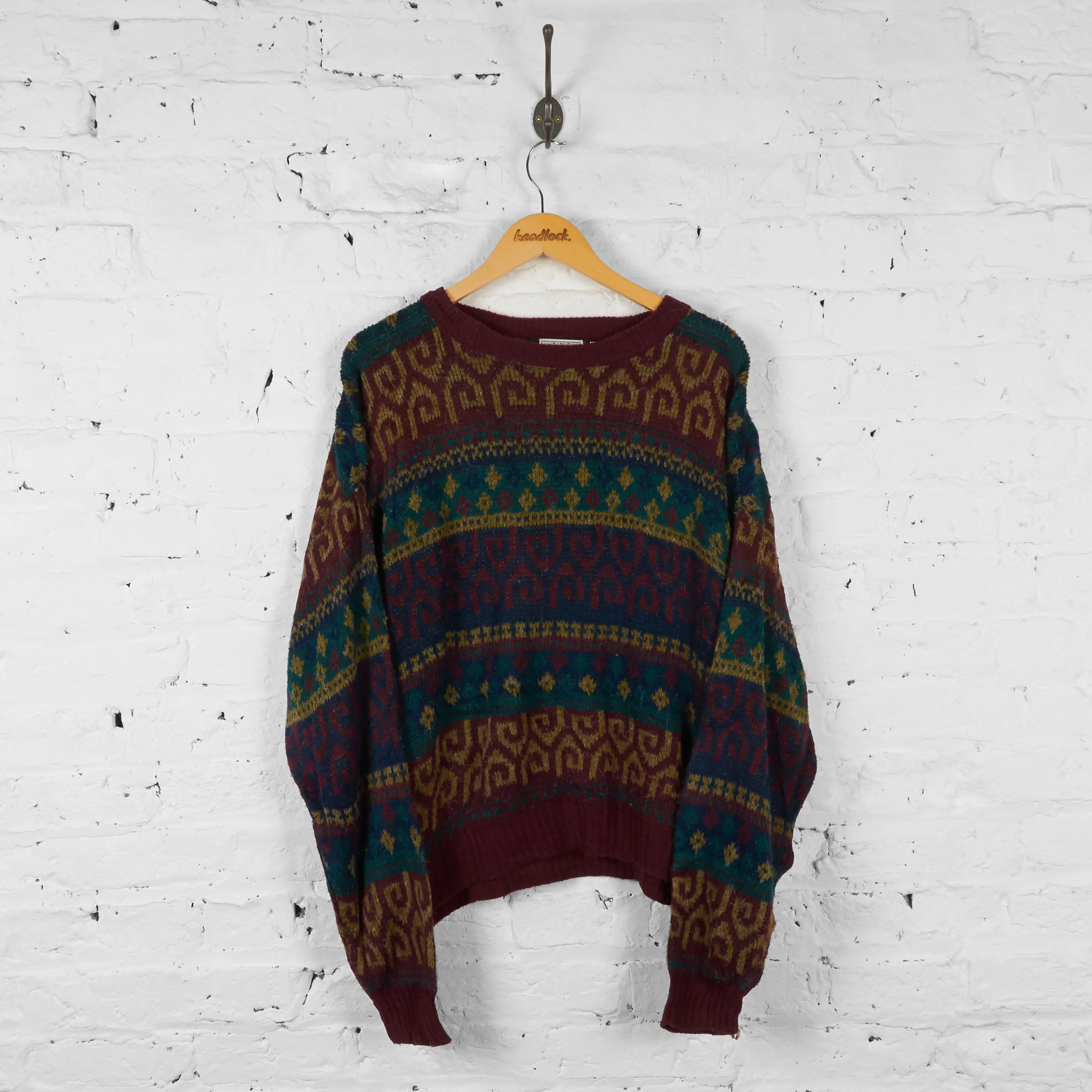 Vintage Patterned Knit Jumper - Burgundy - L