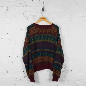 Vintage Patterned Knit Jumper - Burgundy - L