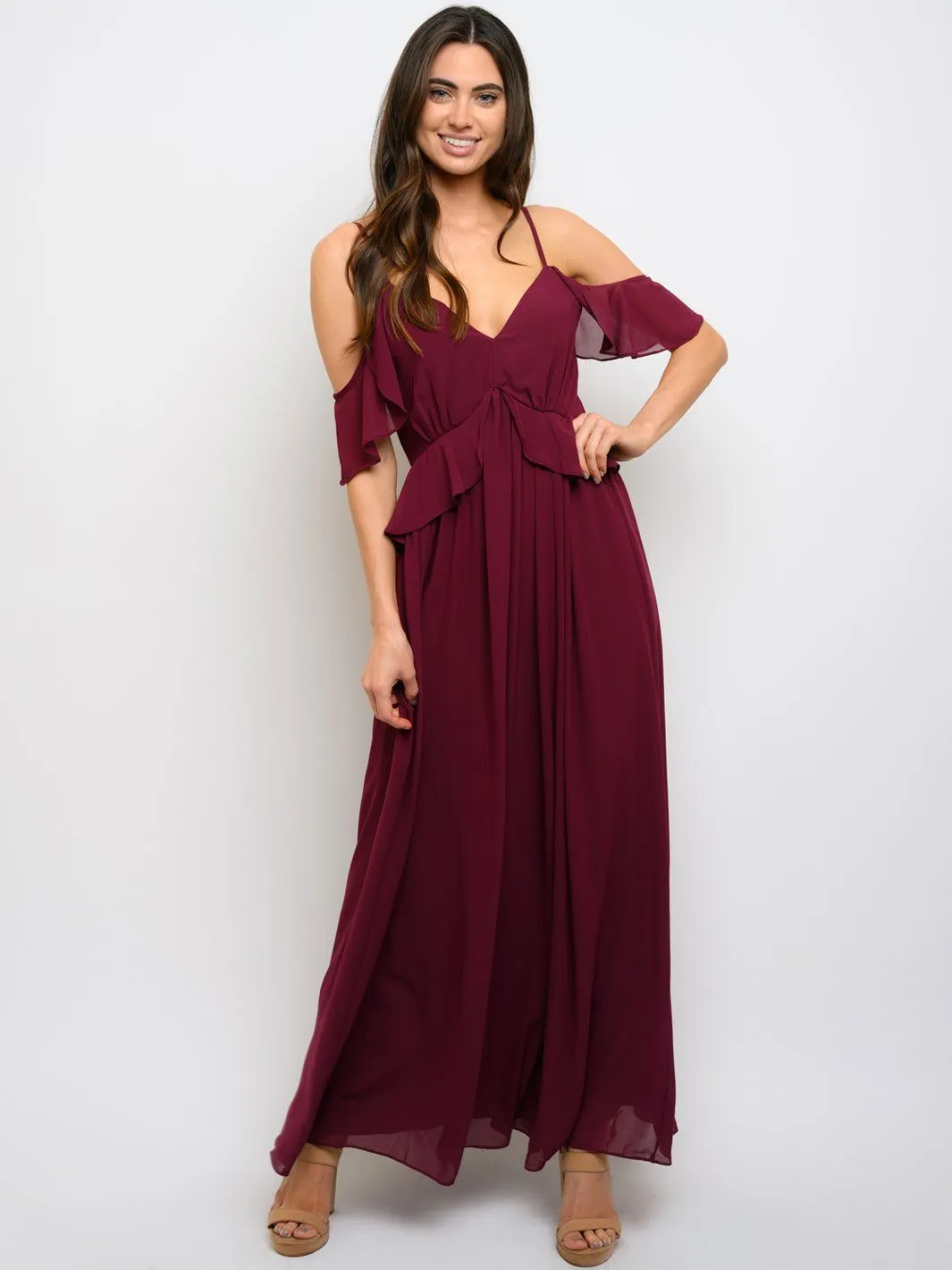 WOMEN'S COLD SHOULDER RUFFLE MAXI DRESS
