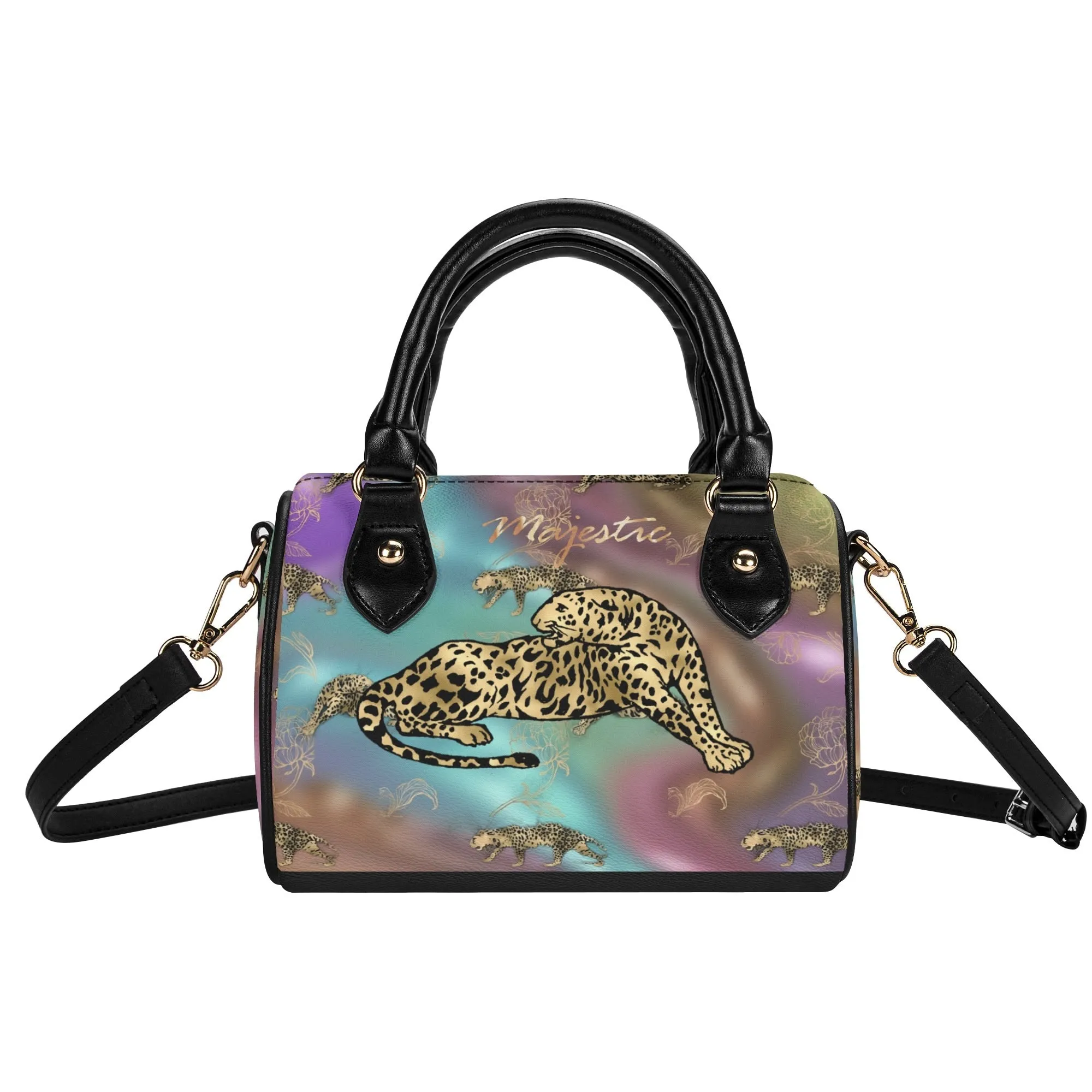 Women's Gemstone Colored Leopard Pattern Majestic Graphic Leather Mini Small Boston Bag Satchel Handbag