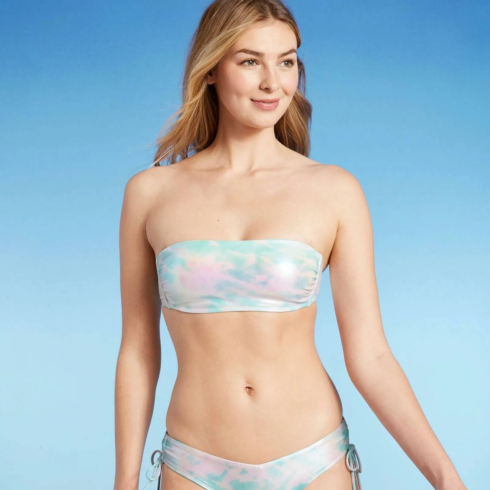 Xhilaration Metallic Bandeau Bikini Top Blue Tie Dye Medium (4-6)